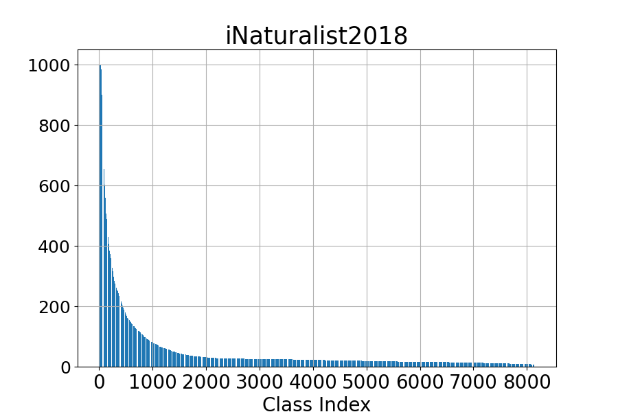 Histograms of class sizes of the iNaturalist2018 dataset